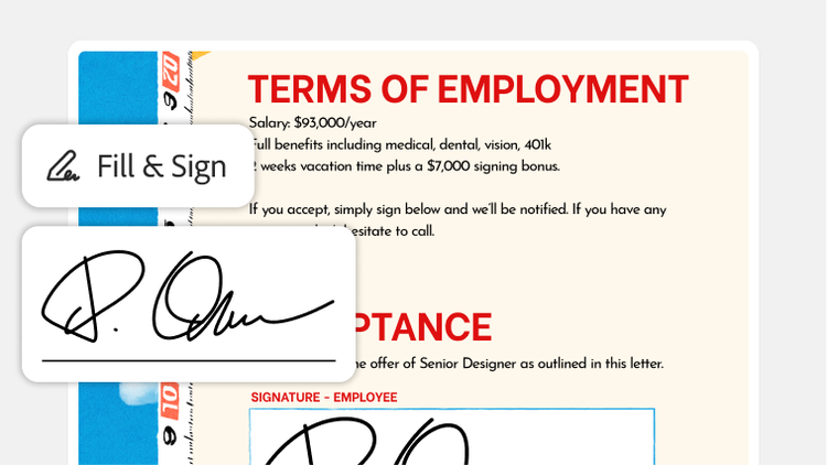 Un documento sobre las condiciones de empleo en una pantalla de un celular, con la herramienta de Acrobat Rellenar y firmar. El documento incluye salario, prestaciones y campos de firma.