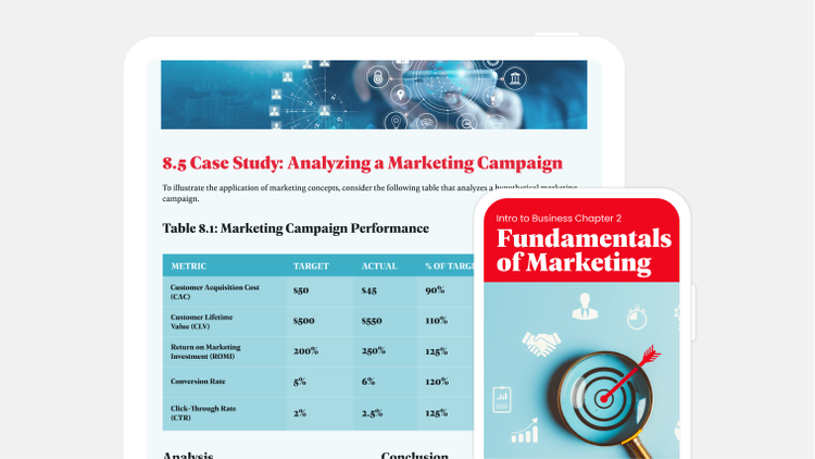 PDF sobre “Las bases del marketing” aparece en la pantalla de una tablet o móvil y muestra distintas páginas y secciones en cada dispositivo.