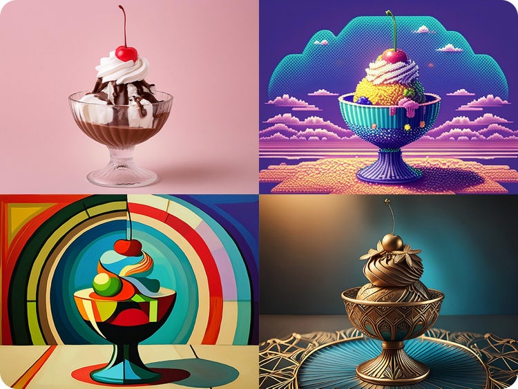 Versiones generadas con la IA de imagen a imagen de una copa de helado con efectos artísticos aplicados, como vintage, surrealismo y 3D.