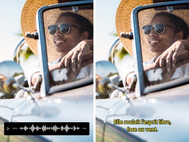 Imágenes en paralelo de una persona sonriendo en un convertible: en una se observa la barra de audio del traductor con IA y en la otra, subtítulos en francés