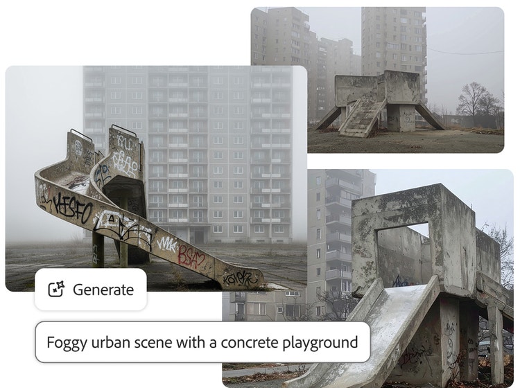 Collage compuesto por tres imágenes generadas con IA que muestran una escena urbana con niebla y un área de juegos de concreto