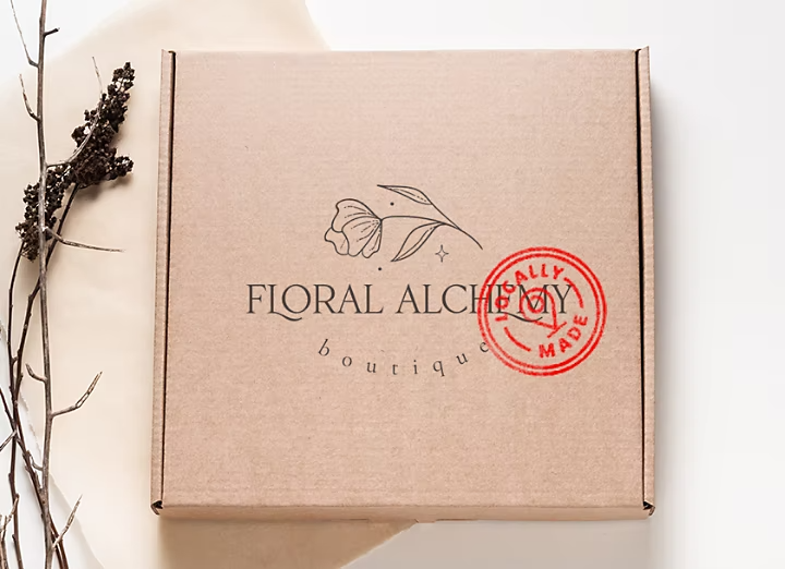 Foto de una caja con un sello que dice “Hecho localmente”