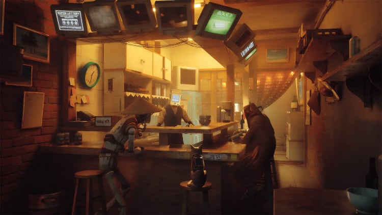 ray casting on an image of figures in a dystopian bar