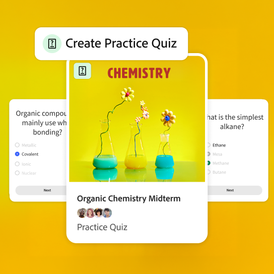 Prompt to create a practice quiz for organic chemistry midterm. In the centre are three lab beakers with flowers popping out. On either side are chemistry quiz questions.