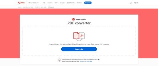 Screenshot of the screen to convert files to PDF in Acrobat Online