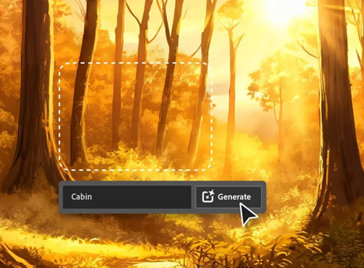 AI generated image of forest during golden hour and using AI for graphic designers to add cabin with Generate button
