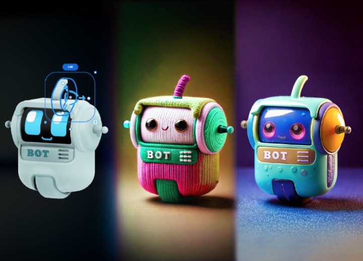 Three artwork variations of 3D generated robot characters with retro design and bright colours in 3D art generator