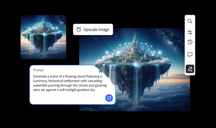 AI generated fantasy image of a floating island with a glowing castle and cascading waterfalls above the clouds, shown within the Adobe Firefly interface with an "Upscale image" option and prompt visible.