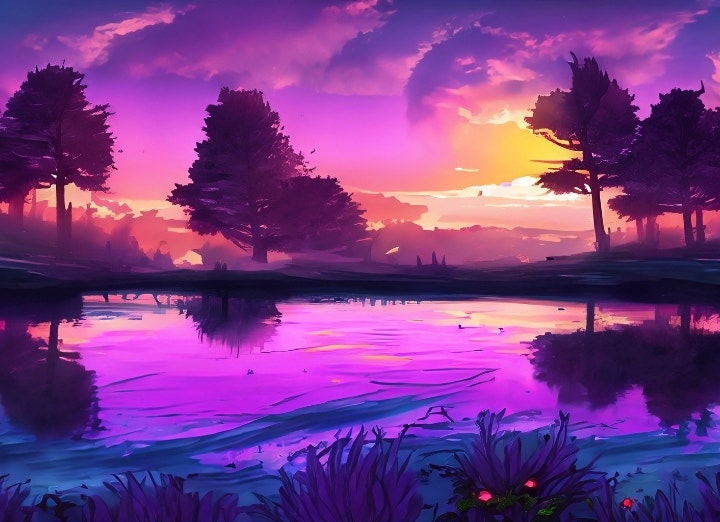 Fantasy style digital painting of lake with purple mountains and dramatic twilight sky in AI painting generator