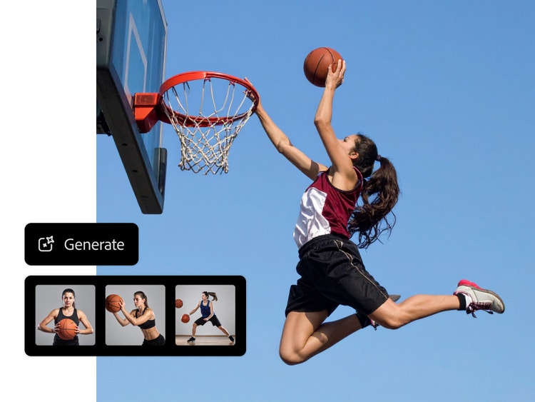 Woman in maroon jersey playing basketball outside with preview of three image variations in AI image generator