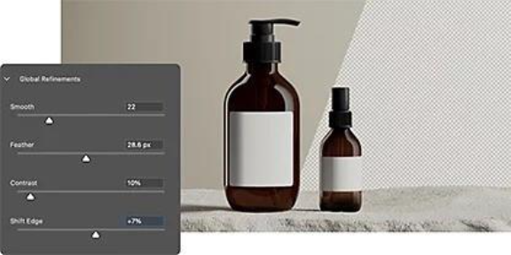 Two glass bottles standing upright on a stone with an interface select tool panel featuring refinement sliders to control the transparency of the image background