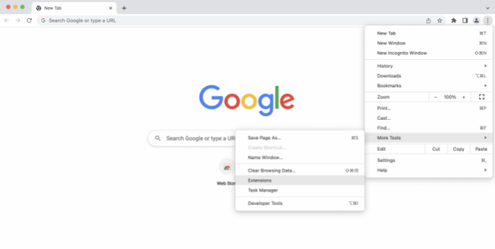 The Extensions option being clicked in the Chrome menu