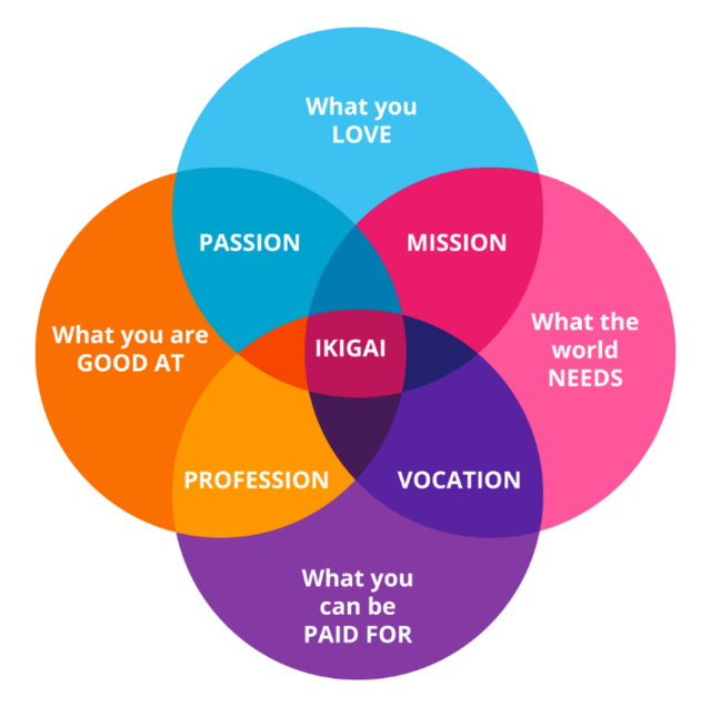 An Ikigai diagram showing the overlap between purpose, profit, problems, and passion.