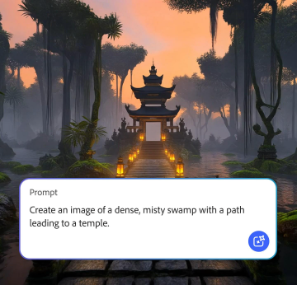 AI 生成式影片：夕陽西下的迷霧沼澤，燈籠照亮的石徑橫跨水面通往傳統廟宇，鏡頭緩緩向前推進。