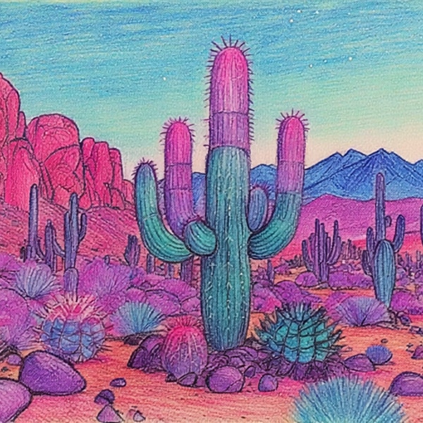 AI 生成的彩色鉛筆畫作，描繪夢幻沙漠場景，在憂鬱漸層光線下展現發光霓虹仙人掌。