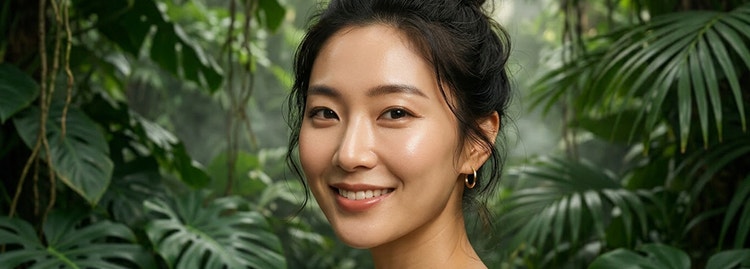 一張 AI 產生的年輕女性特寫人像，呈現肩部以上構圖，紮著隨性丸子頭，背景為叢林場景。