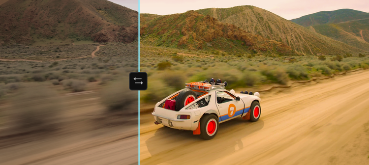 A rally car drives through a desert landscape, shown before and after color grading, with the edited version brighter and more vibrant.