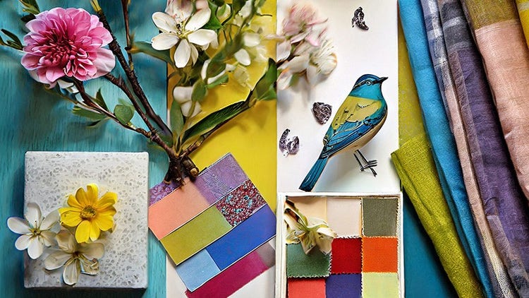 MI által generált kép egy művész asztaláról rajzokkal, különböző textilekkel és művirágokkal