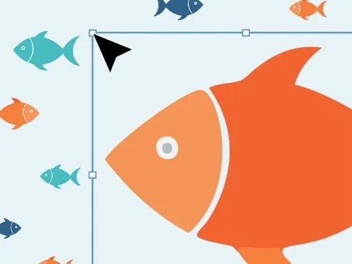 Narancssárga hal méretezése az Illustratorban, a háttérben egy kisebb hal látható