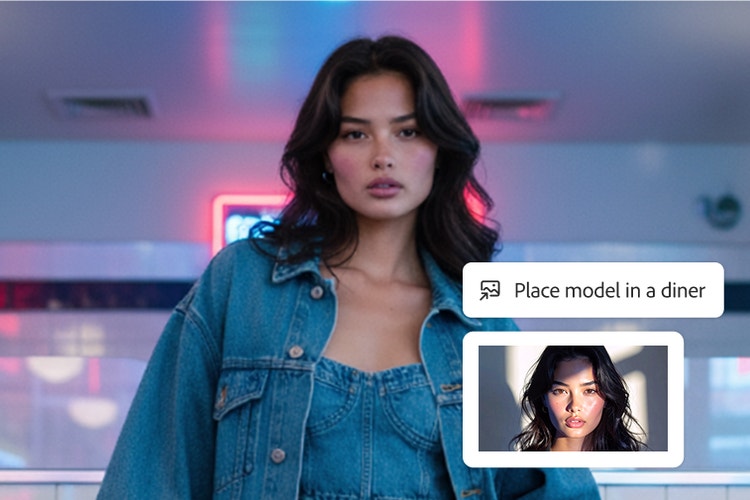 MI‑vel generált nő áll egy csempézett fal és egy neonfelirat előtt; a jobb alsó sarokban egy referenciakép látható a „Place model in a diner” prompttal