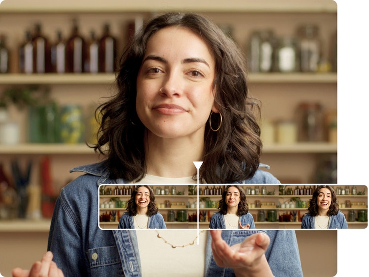 Állókép egy videóból, amelyen egy nő otthoni környezetben beszél a kamera előtt, hangszinkronizálással és idővonal-felülettel az MI-szinkronizálási eszközben