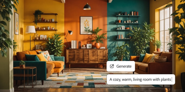 Színes bútorokkal és falakkal díszített szoba a Firefly promptsávjával és „A bright, warm, living room with plants” szövegű prompttal