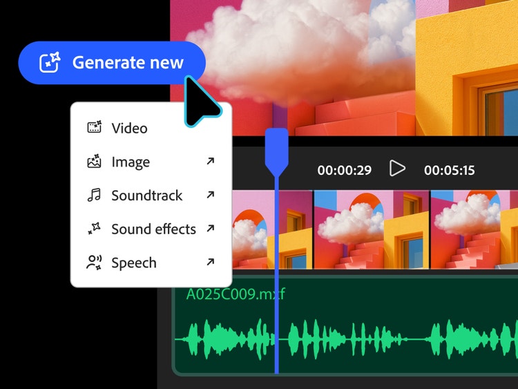 Az Adobe Firefly felhasználói felülete, amely bemutatja a videók, képek, filmzenék, hanghatások és beszéd generálásának lehetőségeit. Az egyik példaként bemutatott elem egy videót tartalmaz, amelyen felhők haladnak át egy absztrakt építészeti alkotáson.