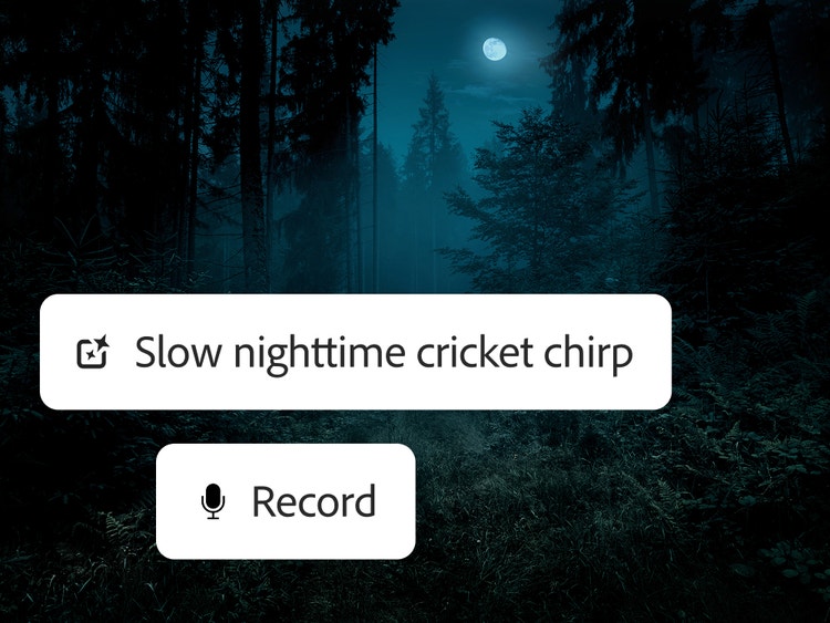 A telihold fényében fürdő éjszakai erdő, rajta a „Slow nighttime cricket chirp” prompttal.