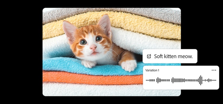 Egy törölközők között elbújó játékos vörös kiscica és az MI-alapú hangeffektus-generátor utasításmezője a „soft kitten meow” (kiscica halk nyávogás) szavakkal. A kép azt mutatja be, hogy hozhatók létre valósághű macskanyávogásos hangeffektusokat a Firefly segítségével.