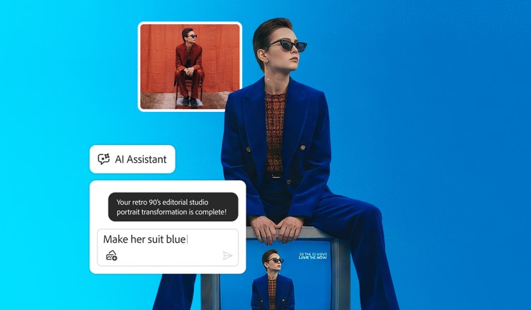 Az Adobe Photoshop MI asszisztens segítségével gyorsan narancssárgáról kékre változtatják egy nő kosztümjének színét egyszerűen a „Változtasd kékké a kosztümjét“ utasítást kiadva.