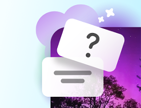 Purple illustration of flashcards. Top card has a question mark.