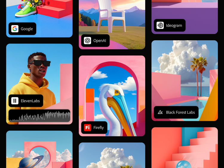 Collage of branded visuals from Google, OpenAI, Ideogram, ElevenLabs, Firefly, and Black Forest Labs, each showcasing unique artistic styles.