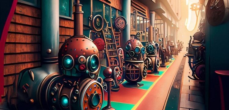 Firefly generated image showing colorful, retro steampunk robots lined up as example of using AI for game developers assets
