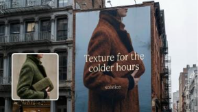 A billboard advertising a stylish coat displayed prominently on the side of a building.