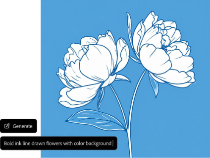 AI generated drawing of bold ink line flowers with blue background with text prompt example in AI drawing generator