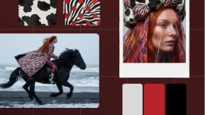 A woman dressed in zebra print on a horse, included in a fashion moodboard with an array of colors, styles, and textures.