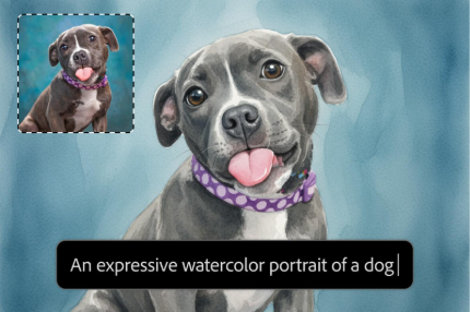 Watercolor-style portrait of a dog with a reference photo inset, with a prompt label reading, “An expressive watercolor portrait of a dog.”