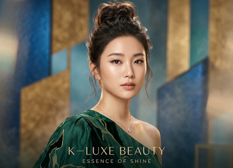 An AI-generated portrait of a young woman with a messy bun in a one-shoulder dress against a stylized, geometric background.