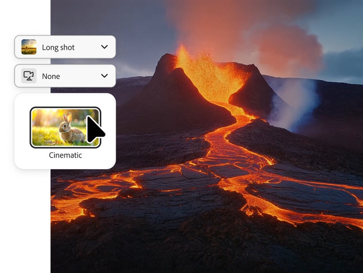A cinematic image of molten lava flowing from an erupting volcano at dusk. A UI overlay on the left shows settings labeled "Long shot," "None," and "Cinematic."
