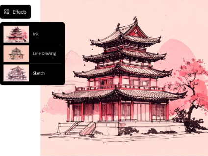 AI generated pencil drawing of Japanese style house in nature with art effects interface in AI drawing generator