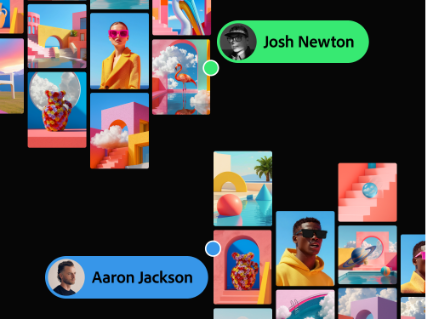 Creative moodboard collage featuring surreal architectural visuals and user profiles for Josh Newton and Aaron Jackson.