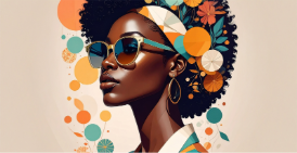 Artistic portrait featuring a person in profile with layered geometric and floral design elements.