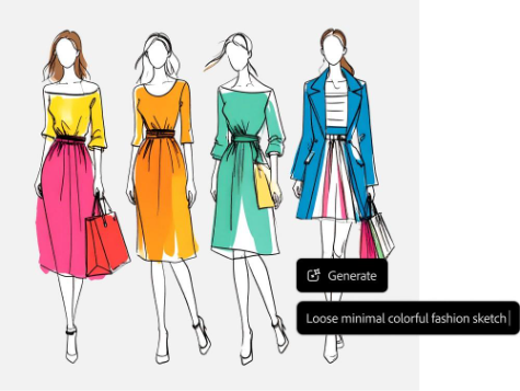 Loose minimal colorful AI drawing or sketch of four models in new fashion designs, with generate button and text prompt overlay in AI drawing generator
