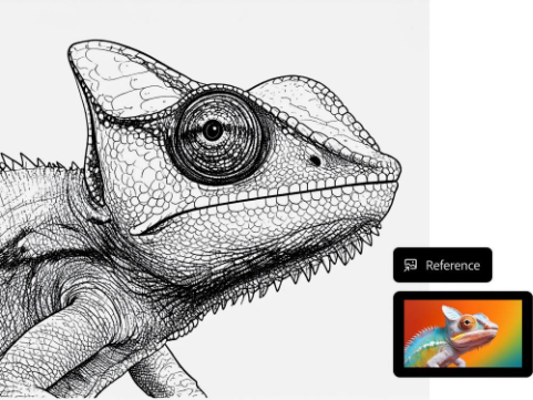 AI generated ink drawing of chameleon in gray pencil created based on colorful reference image in AI drawing generator