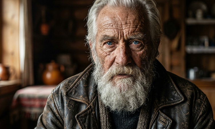 An AI-generated image of an old man with deep wrinkles, piercing blue eyes, and a long white beard.