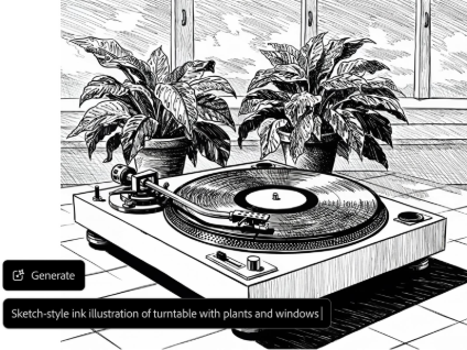 A black-and-white image of a turntable and two plants with UI. Prompt reads: "Sketch-style ink illustration of turntable with plants and windows."