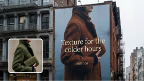 A billboard advertising a stylish coat displayed prominently on the side of a building.