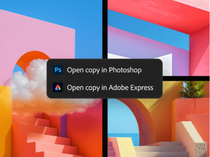 Image showcasing Photoshop and Adobe Express integration with Moodboard maker on a vivid background of arches, stairs, and bold colors.
