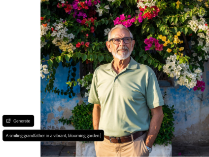 Photo of an older man standing in a colorful garden with flowering plants, shown with a Generate button and a prompt label reading, “A smiling grandfather in a vibrant, blooming garden.”