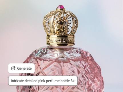 AI-generated, intricately detailed pink perfume bottle with a cap in the shape of a golden crown.
